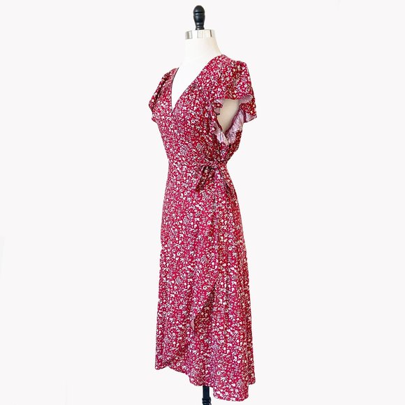 Red Scattered Floral Rayon Blend Short Sleeve Wrap Dress, Medium - Picture 3 of 5